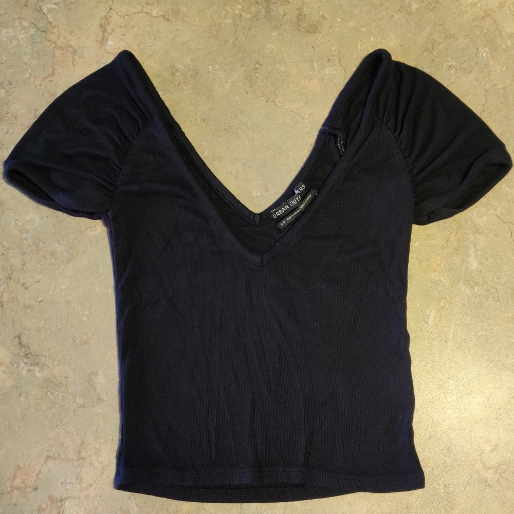 UO Offshoulder Deep V Black Crop Top